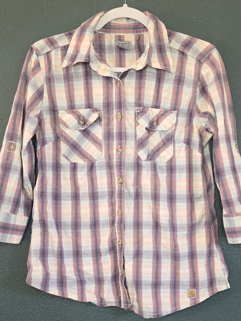 Carhartt Girls Plaid Button-Down Shirt in Pink and Blue Size S - Picture 2 of 16